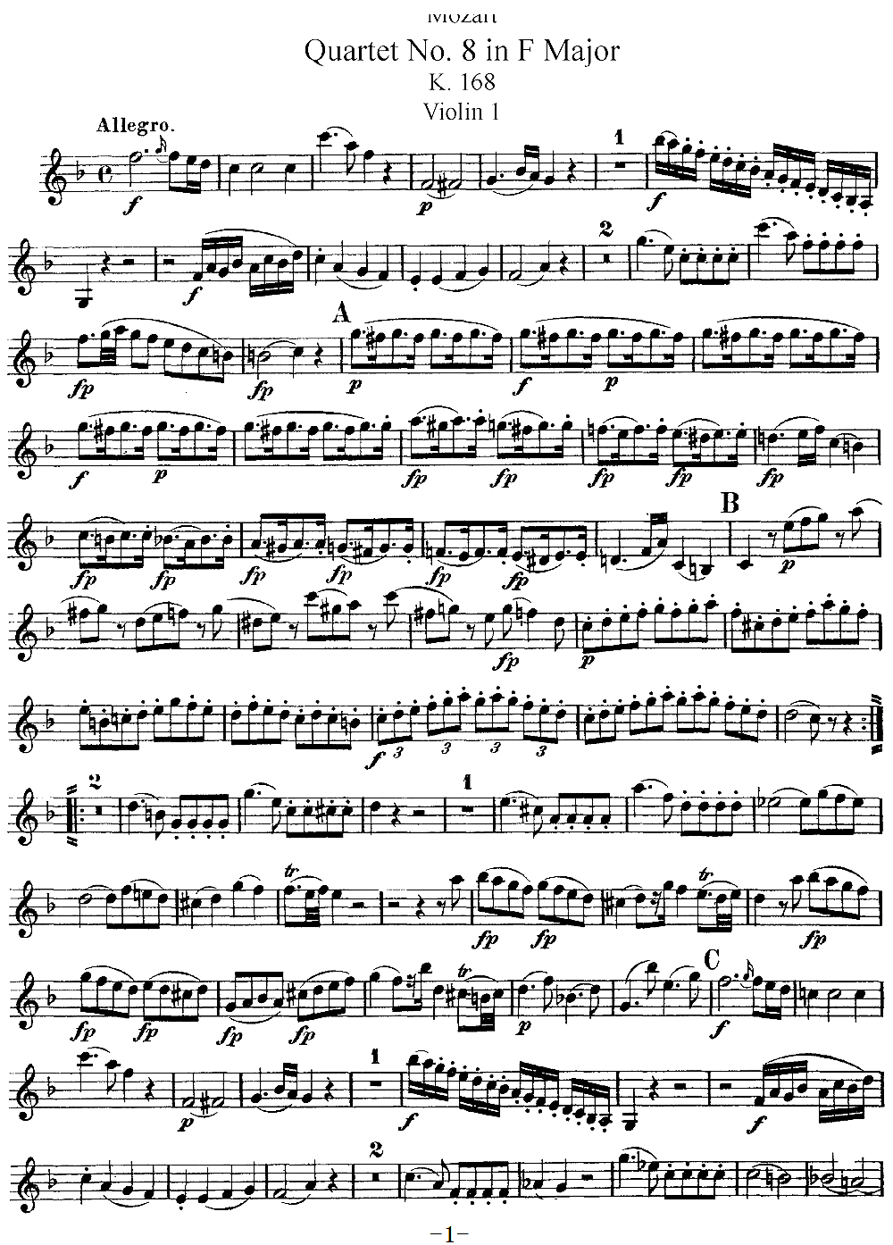Mozart Quartet No 8 in F Major K 168 Violin 1(ʮ�ּ�����)1