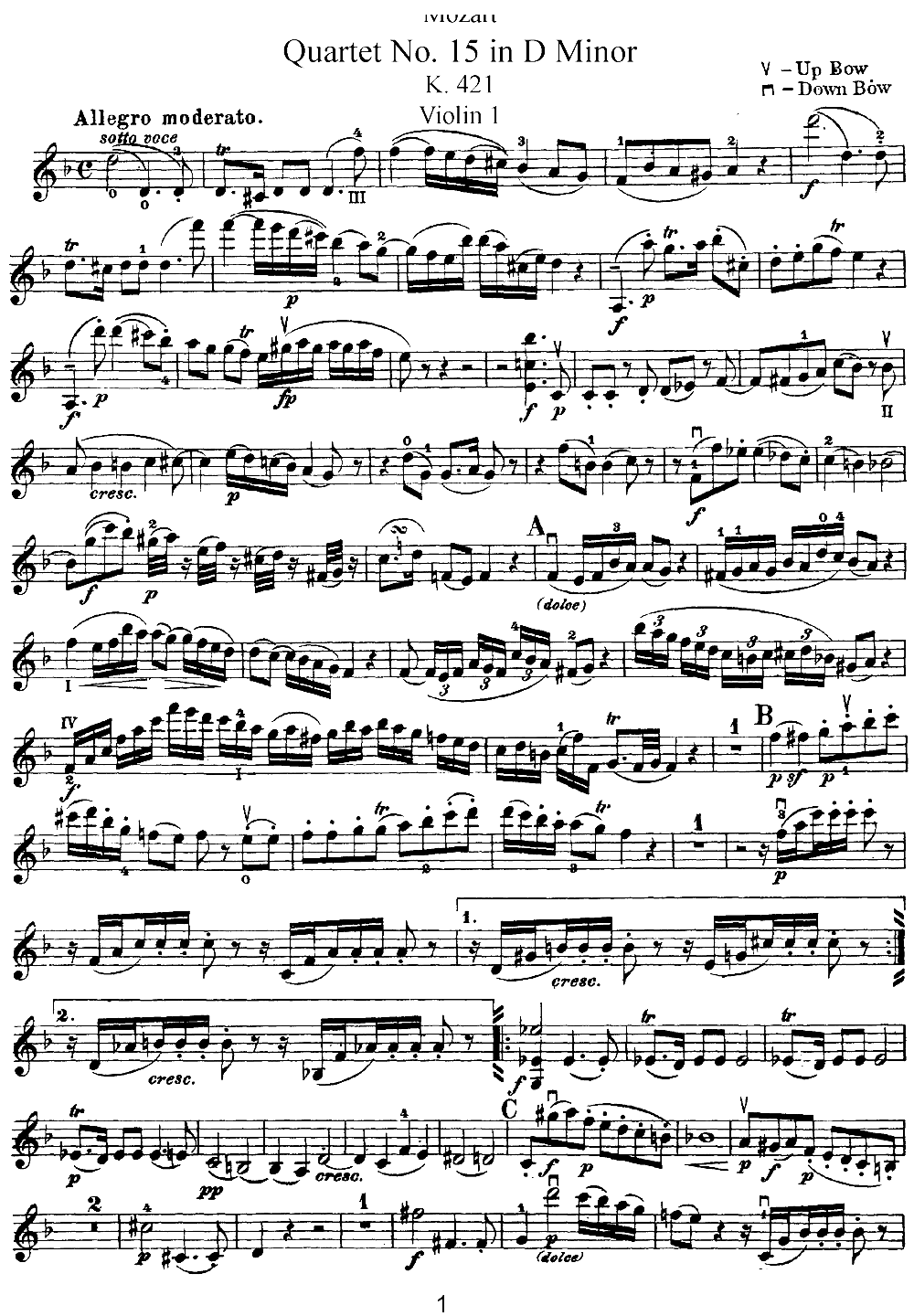 Mozart Quartet No 15 in D Minor K 421 Violin 1(ʮ�ּ�����)1