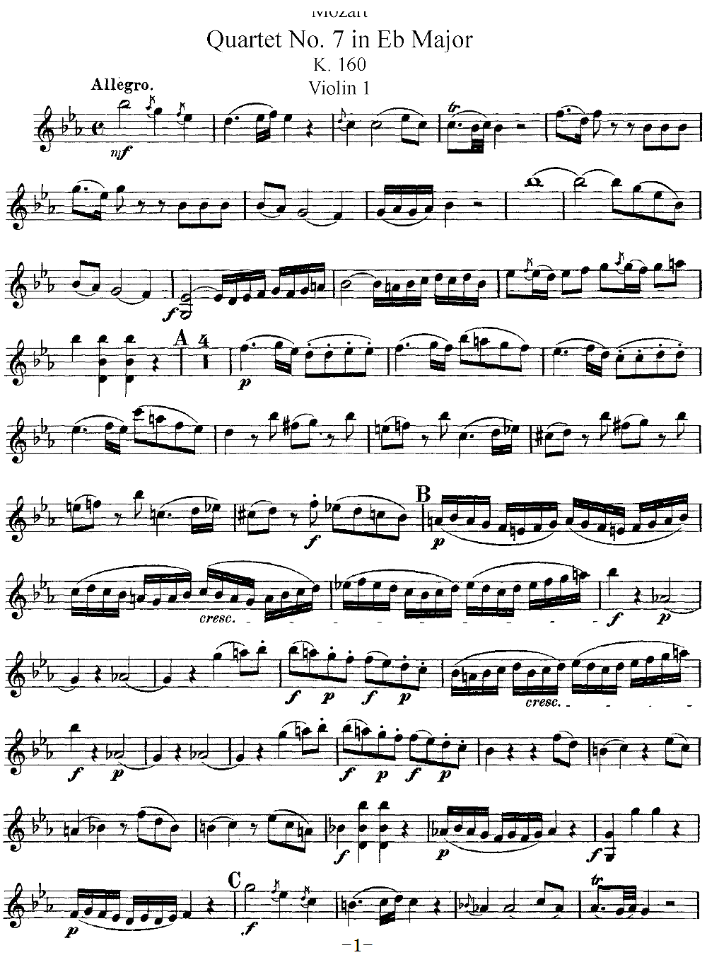 Mozart Quartet No 7 in Eb Major K 160 Violin 1(ʮ�ּ�����)1