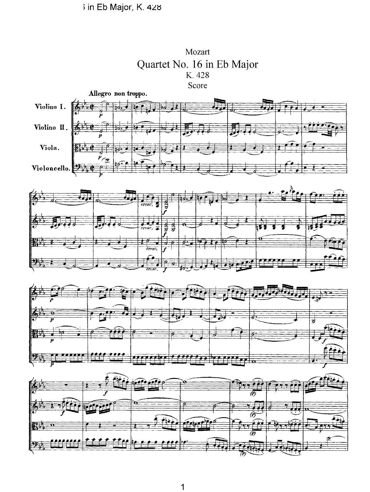 Mozart Quartet No 16 in Eb Major K 428(���V)1
