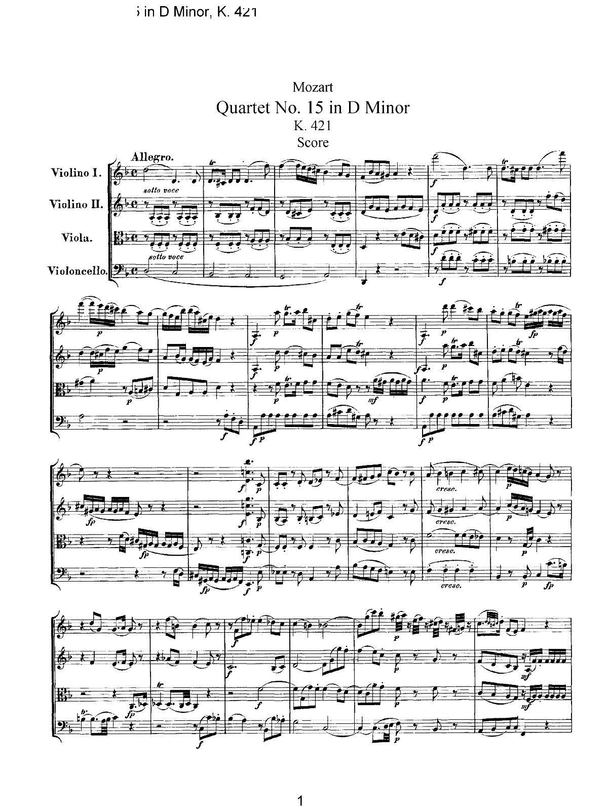 Mozart Quartet No 15 in D Minor K 421(���V)1