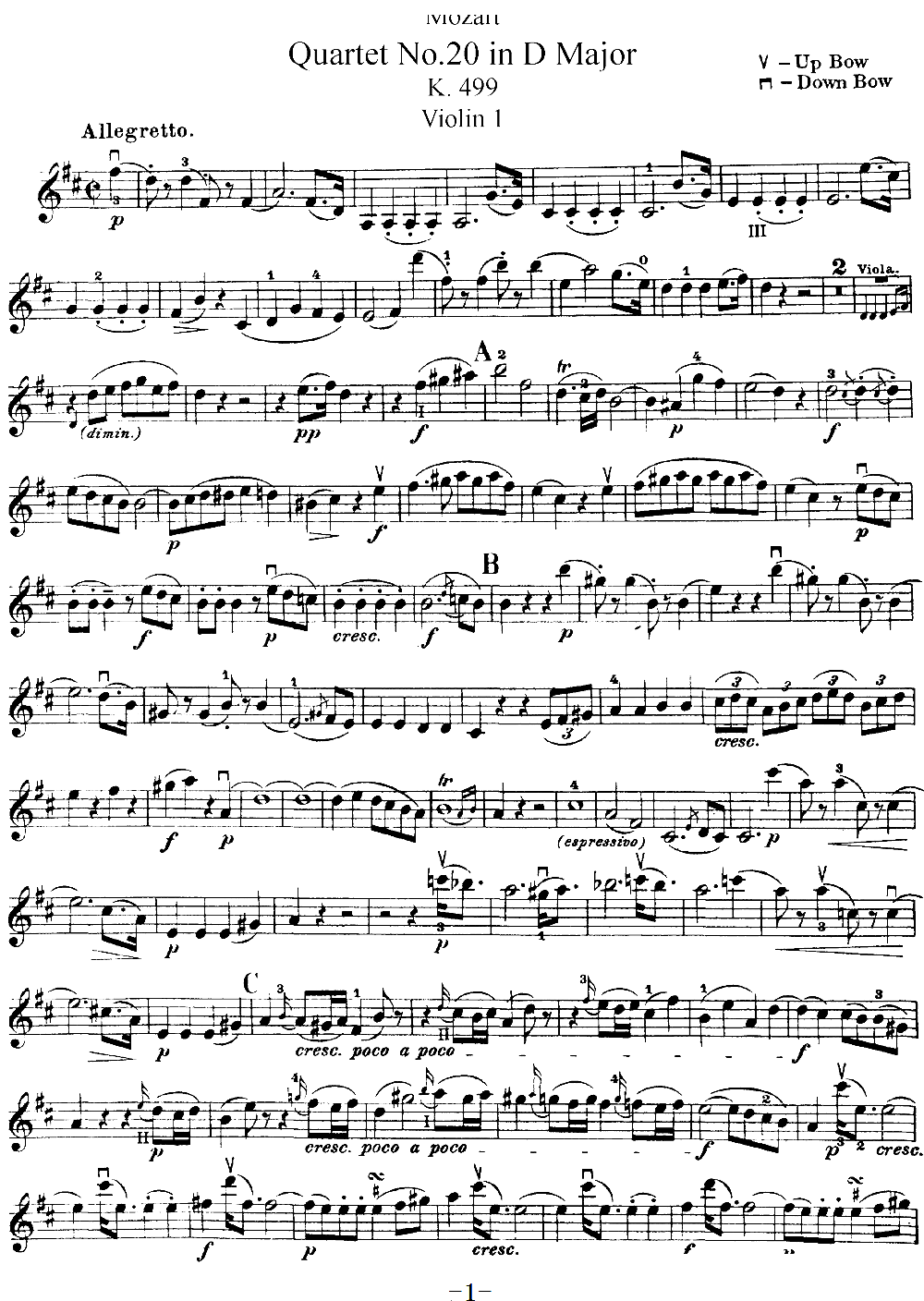Mozart Quartet No 20 in D Major K 499 Violin 1(ʮ�ּ�����)1