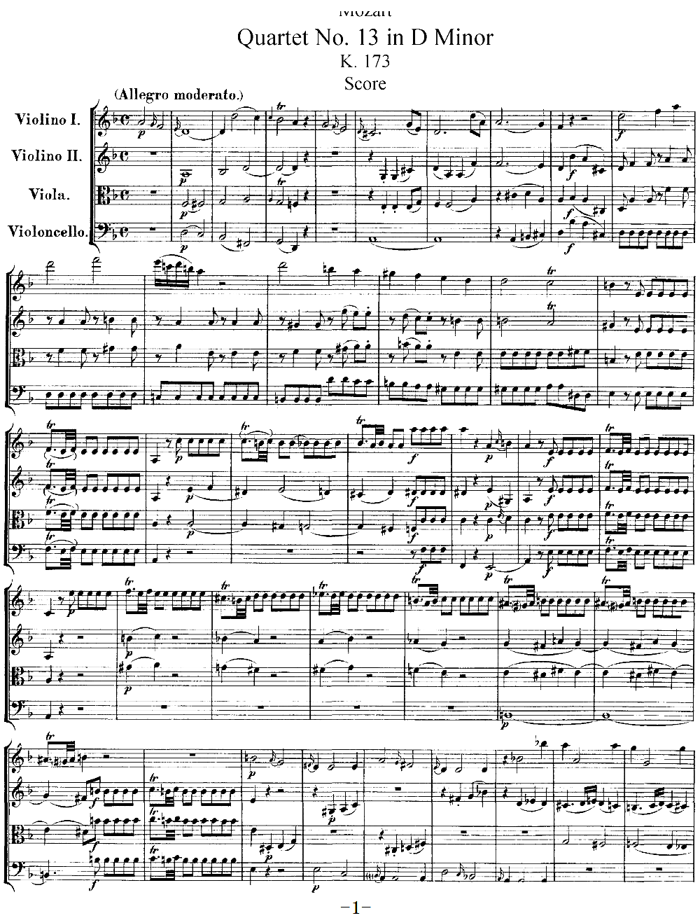 Mozart Quartet No 13 in D Minor K 173(���V)1